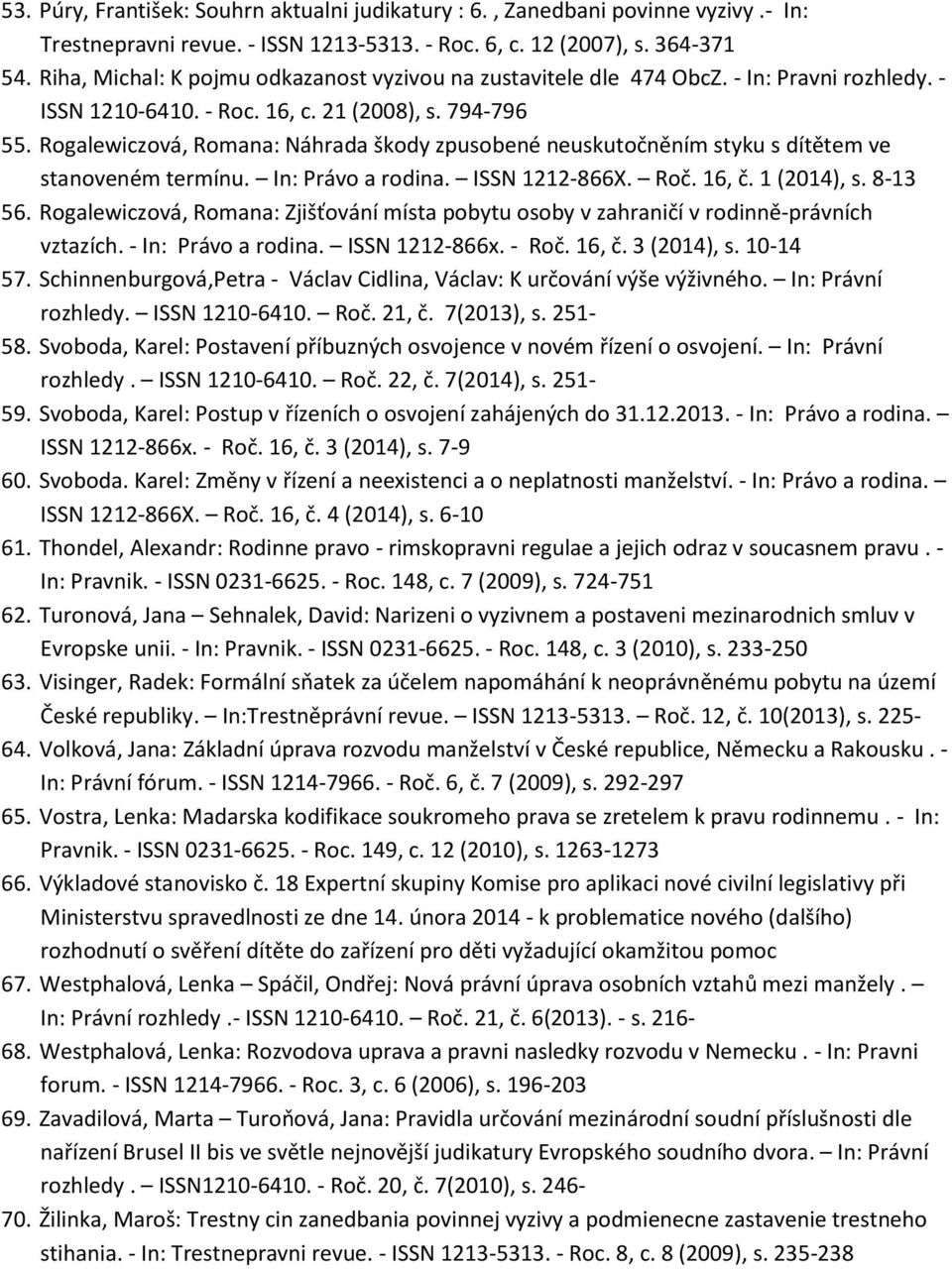 Rogalewiczová, Romana: Náhrada škody zpusobené neuskutočněním styku s dítětem ve stanoveném termínu. In: Právo a rodina. ISSN 1212-866X. Roč. 16, č. 1 (2014), s. 8-13 56.