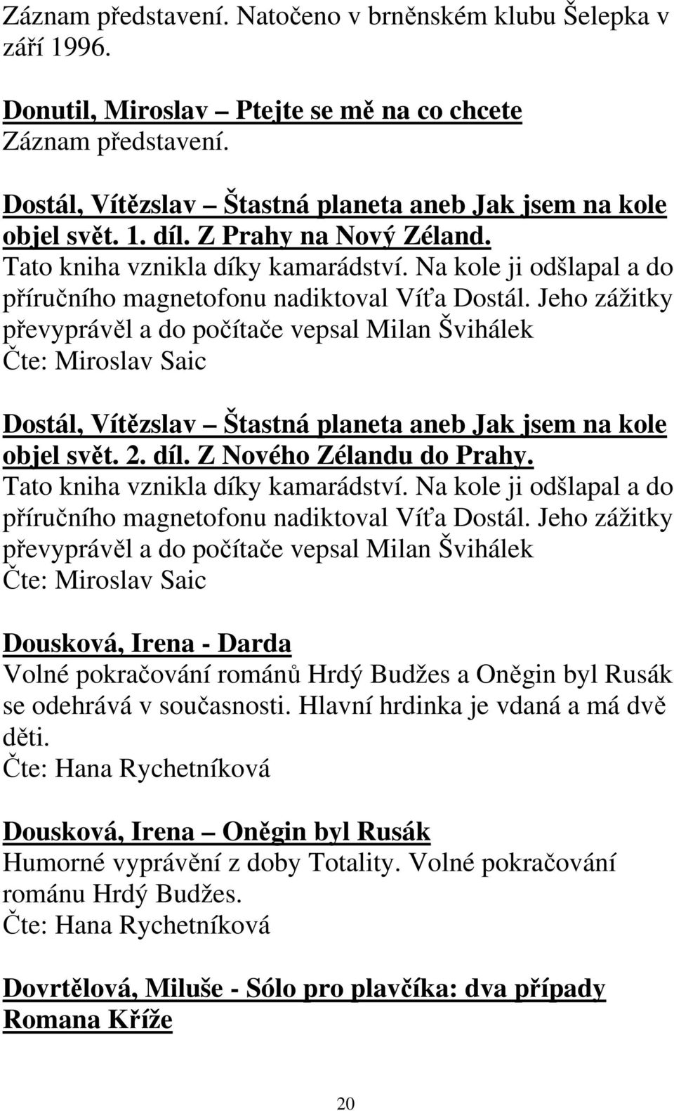 Jeho zážitky převyprávěl a do počítače vepsal Milan Švihálek Čte: Miroslav Saic Dostál, Vítězslav Štastná planeta aneb Jak jsem na kole objel svět. 2. díl. Z Nového Zélandu do Prahy.