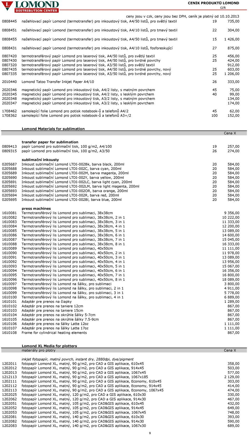 tisk, A4/10 listů, fosforeskující 27 875,00 0807420 termotransférový papír Lomond pro laserový tisk, A4/50 listů, pro světlý textil 25 456,00 0807430 termotransférový papír Lomond pro laserový tisk,