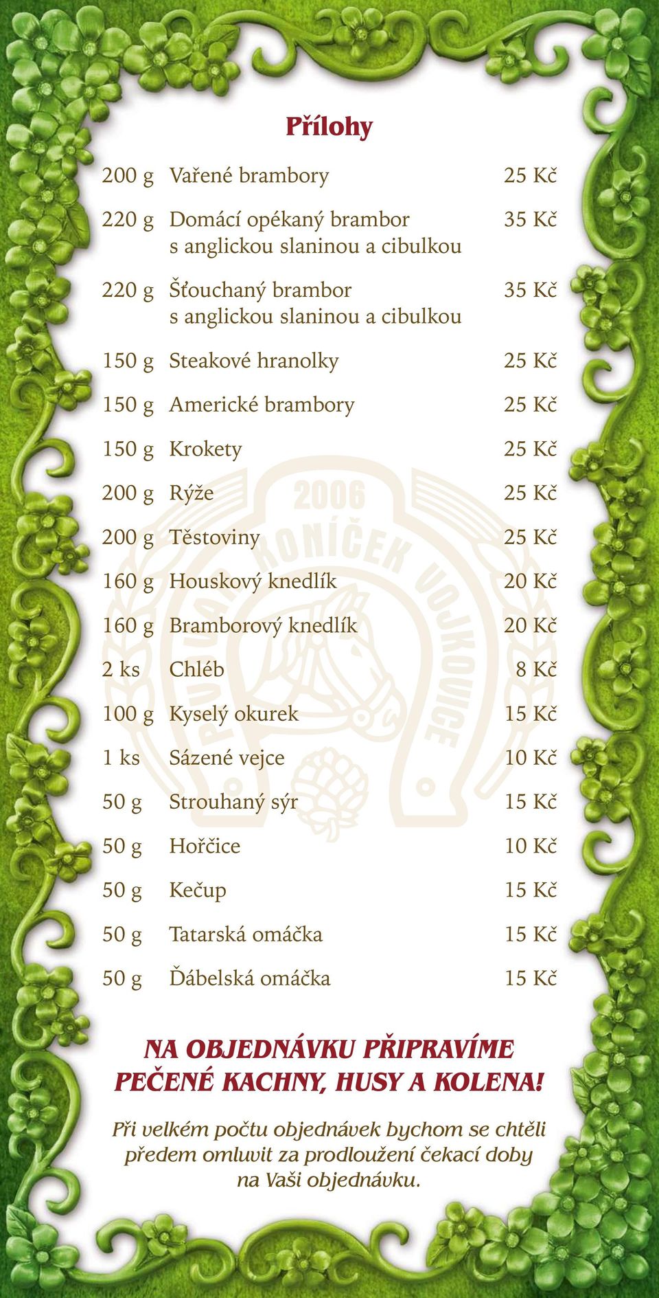 Kč 2 ks Chléb 8 Kč 100 g Kyselý okurek 15 Kč 1 ks Sázené vejce 10 Kč 50 g Strouhaný sýr 15 Kč 50 g Hořčice 10 Kč 50 g Kečup 15 Kč 50 g Tatarská omáčka 15 Kč 50 g Ď ábelská