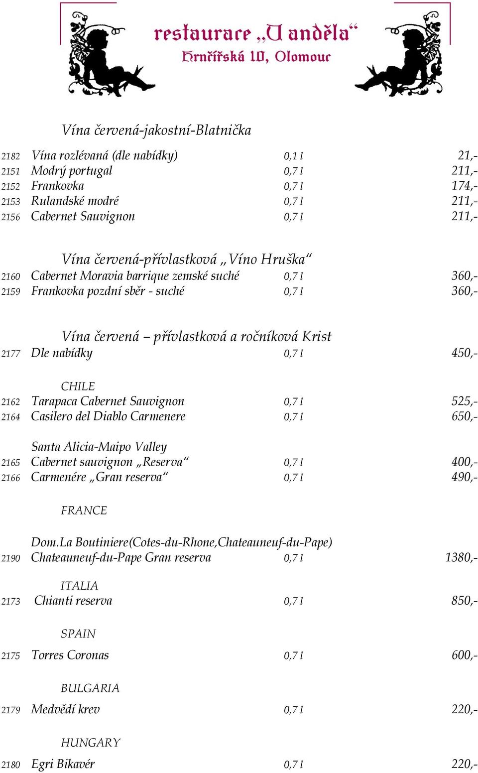 nabídky 0,7 l 450,- CHILE 2162 Tarapaca Cabernet Sauvignon 0,7 l 525,- 2164 Casilero del Diablo Carmenere 0,7 l 650,- Santa Alicia-Maipo Valley 2165 Cabernet sauvignon Reserva 0,7 l 400,- 2166