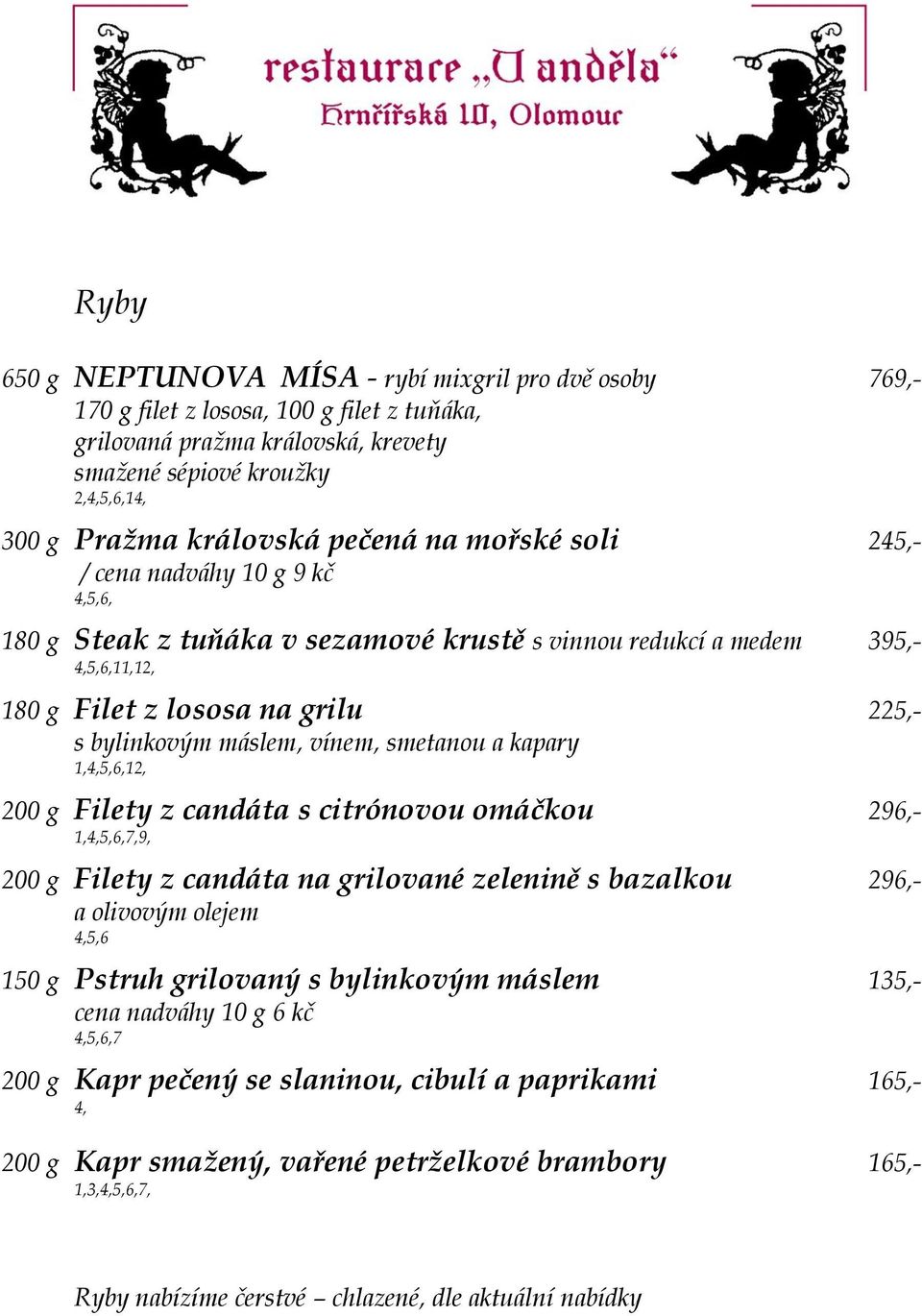 vínem, smetanou a kapary 1,4,5,6,12, 200 g Filety z candáta s citrónovou omáčkou 296,- 1,4,5,6,7,9, 200 g Filety z candáta na grilované zelenině s bazalkou 296,- a olivovým olejem 4,5,6 150 g Pstruh