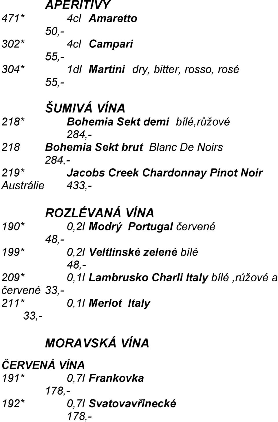 ROZLÉVANÁ VÍNA 190* 0,2l Modrý Portugal červené 48,- 199* 0,2l Veltlínské zelené bílé 48,- 209* 0,1l Lambrusko Charli Italy