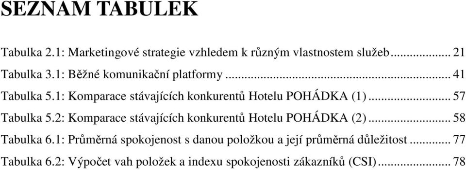 .. 57 Tabulka 5.2: Komparace stávajících konkurentů Hotelu POHÁDKA (2)... 58 Tabulka 6.