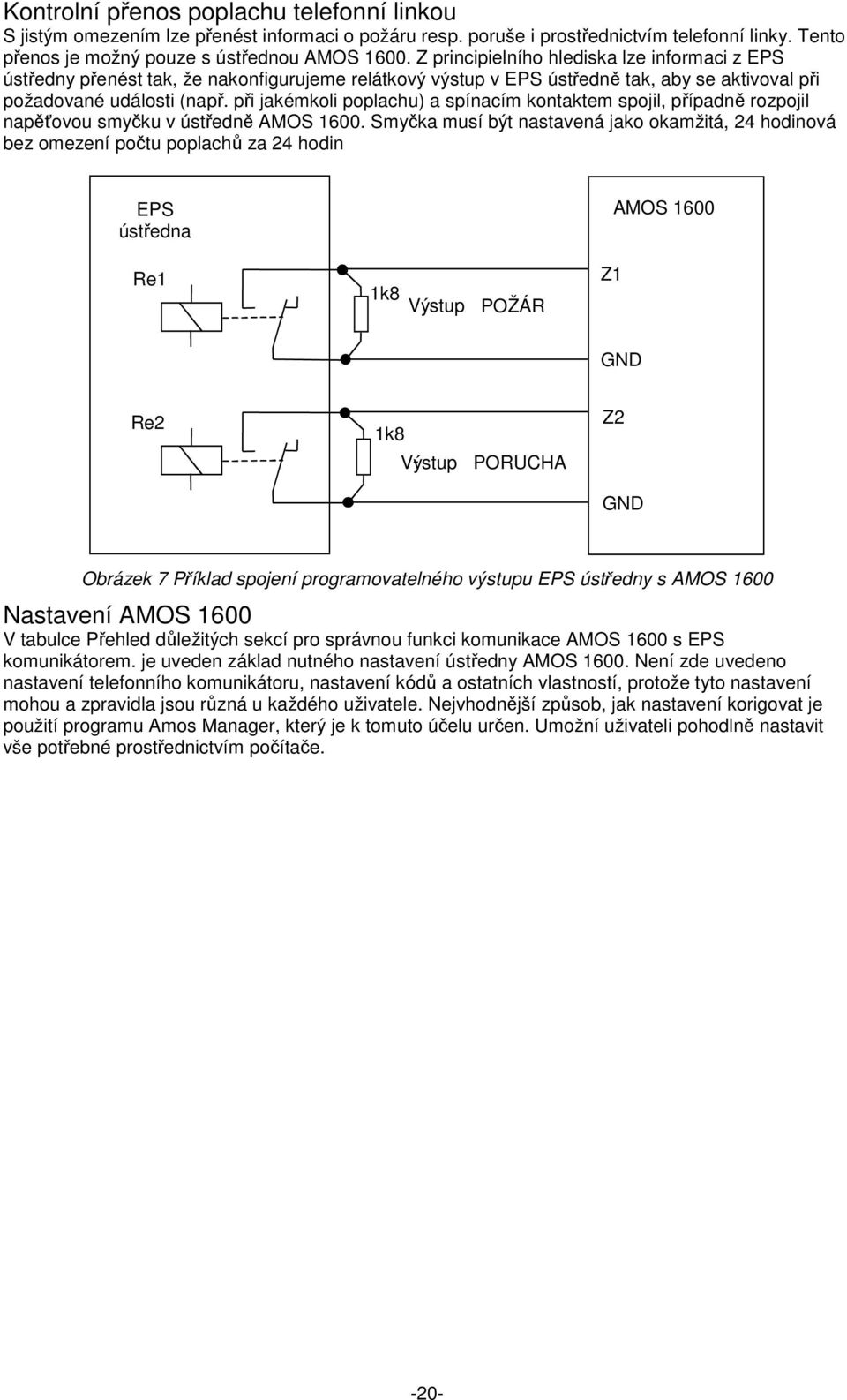 při jakémkoli poplachu) a spínacím kontaktem spojil, případně rozpojil napěťovou smyčku v ústředně AMOS 1600.