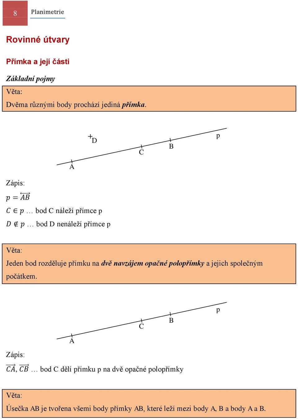 D C B p A Zápis: bod C náleží přímce p bod D nenáleží přímce p Věta: Jeden bod rozděluje přímku na dvě