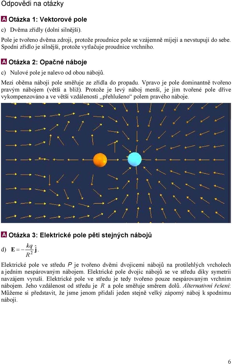 Vpravo je pole dominantně tvořeno pravým nábojem (větší a blíž). Protože je levý náboj menší, je jím tvořené pole dříve vykompenzováno a ve větší vzdálenosti,,přehlušeno polem pravého náboje.