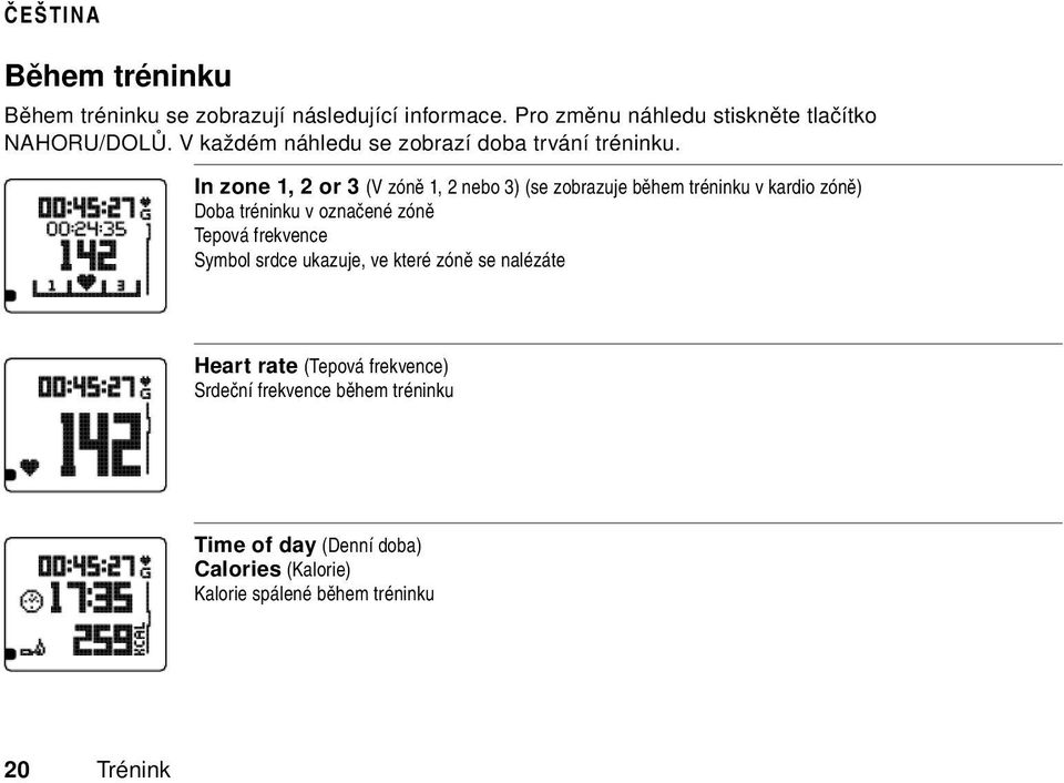 In zone 1, 2 or 3 (V zóně 1, 2 nebo 3) (se zobrazuje během tréninku v kardio zóně) Doba tréninku v označené zóně Tepová