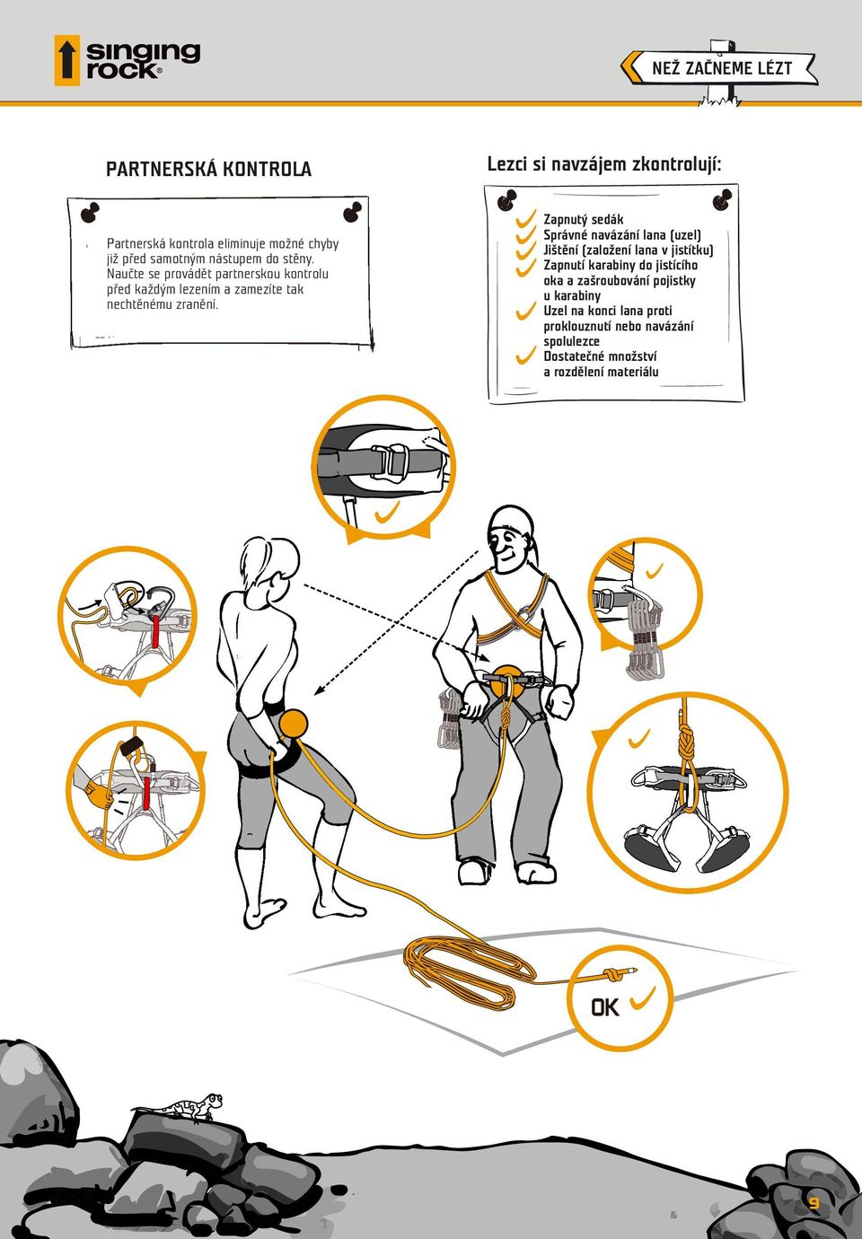 Zapnutý sedák Správné navázání lana (uzel) Jištění (založení lana v jistítku) Zapnutí karabiny do jistícího oka a