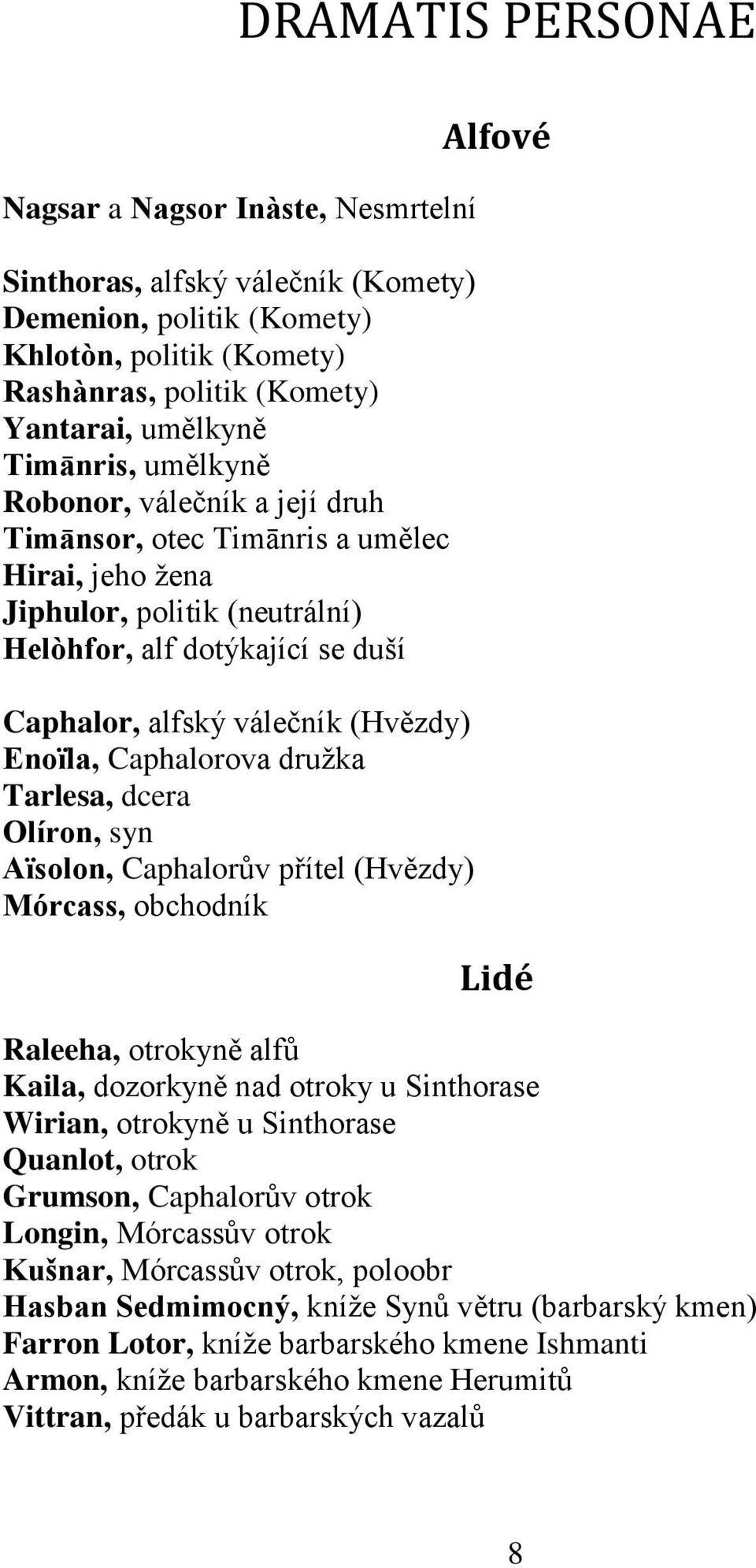 Caphalorova druţka Tarlesa, dcera Olíron, syn Aïsolon, Caphalorův přítel (Hvězdy) Mórcass, obchodník Alfové Lidé Raleeha, otrokyně alfů Kaila, dozorkyně nad otroky u Sinthorase Wirian, otrokyně u