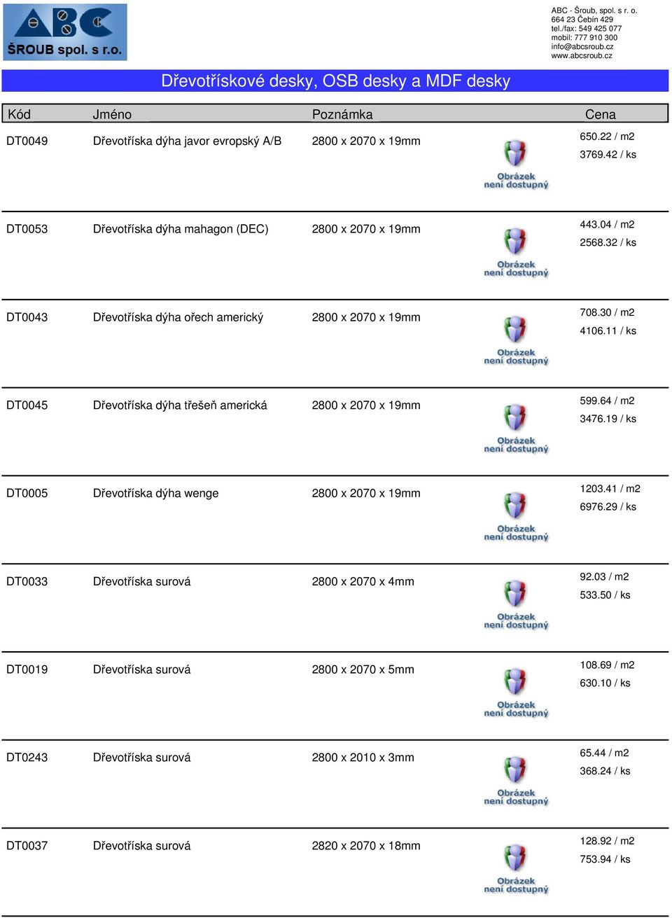 11 / ks DT0045 Dřevotříska dýha třešeň americká 599.64 / m2 3476.19 / ks DT0005 Dřevotříska dýha wenge 1203.41 / m2 6976.