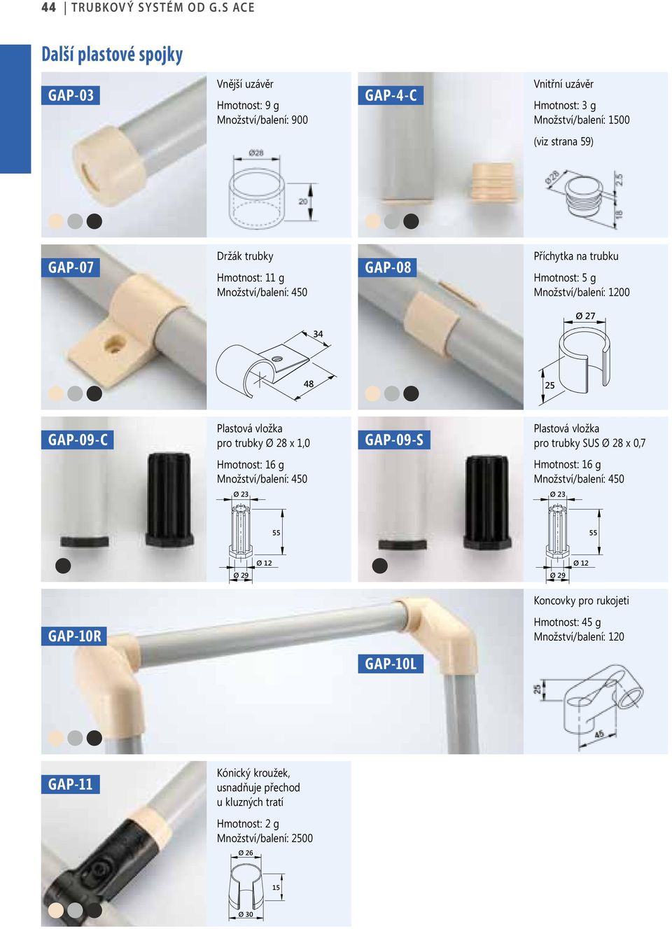 trubky Hmotnost: 11 g Množství/balení: 450 GAP-08 Příchytka na trubku Hmotnost: 5 g Množství/balení: 1200 Ø 27 34 48 25 GAP-09-C Plastová vložka pro trubky Ø 28 x 1,0