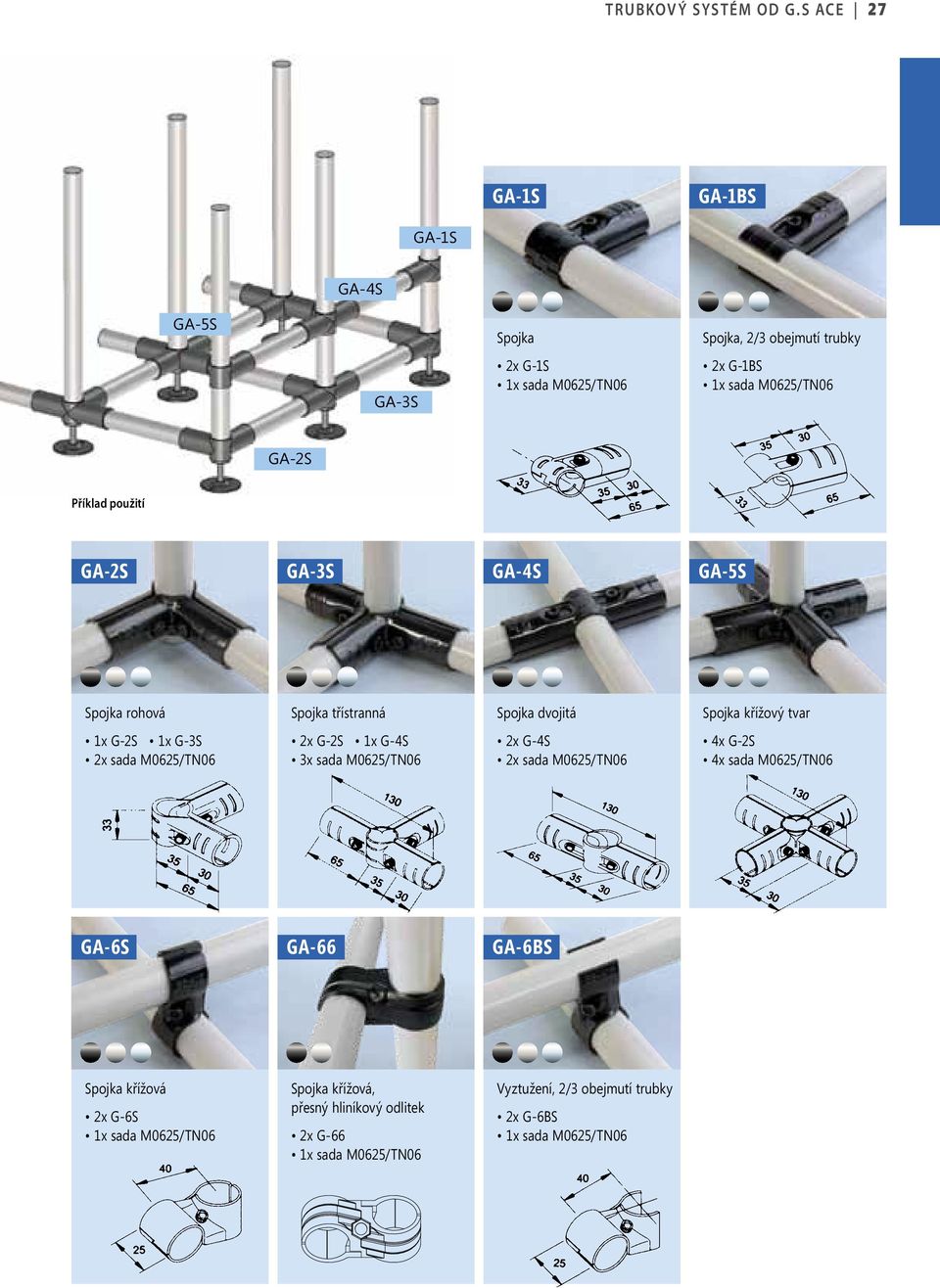 GA-2S GA-3S GA-4S GA-5S Spojka rohová Spojka třístranná Spojka dvojitá Spojka křížový tvar 1x G-2S 1x G-3S 2x sada