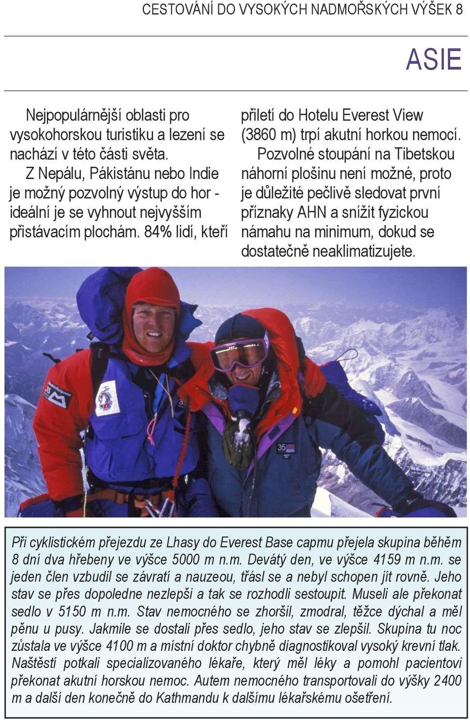 84% lidí, kteří CESTOVÁNÍ DO VYSOKÝCH NADMOŘSKÝCH VÝŠEK 8 ASIE přiletí do Hotelu Everest View (3860 m) trpí akutní horkou nemocí.