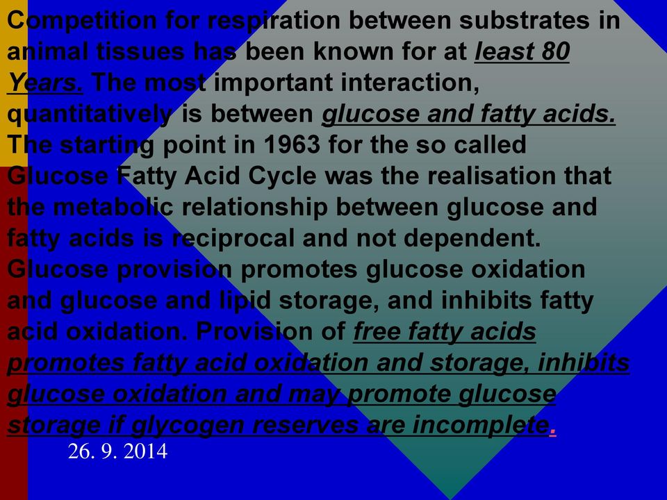 The starting point in 1963 for the so called Glucose Fatty Acid Cycle was the realisation that the metabolic relationship between glucose and fatty acids is