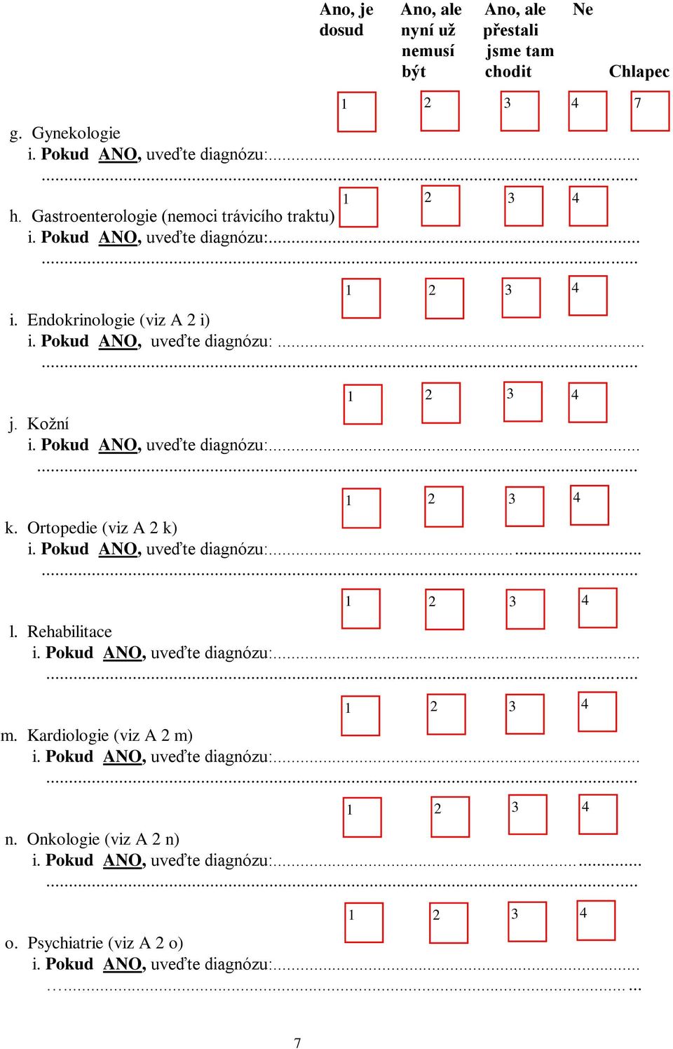 uveďte diagnózu:...... k. Ortopedie (viz A k) i. uveďte diagnózu:...... l. Rehabilitace i. uveďte diagnózu:...... m. Kardiologie (viz A m) i.