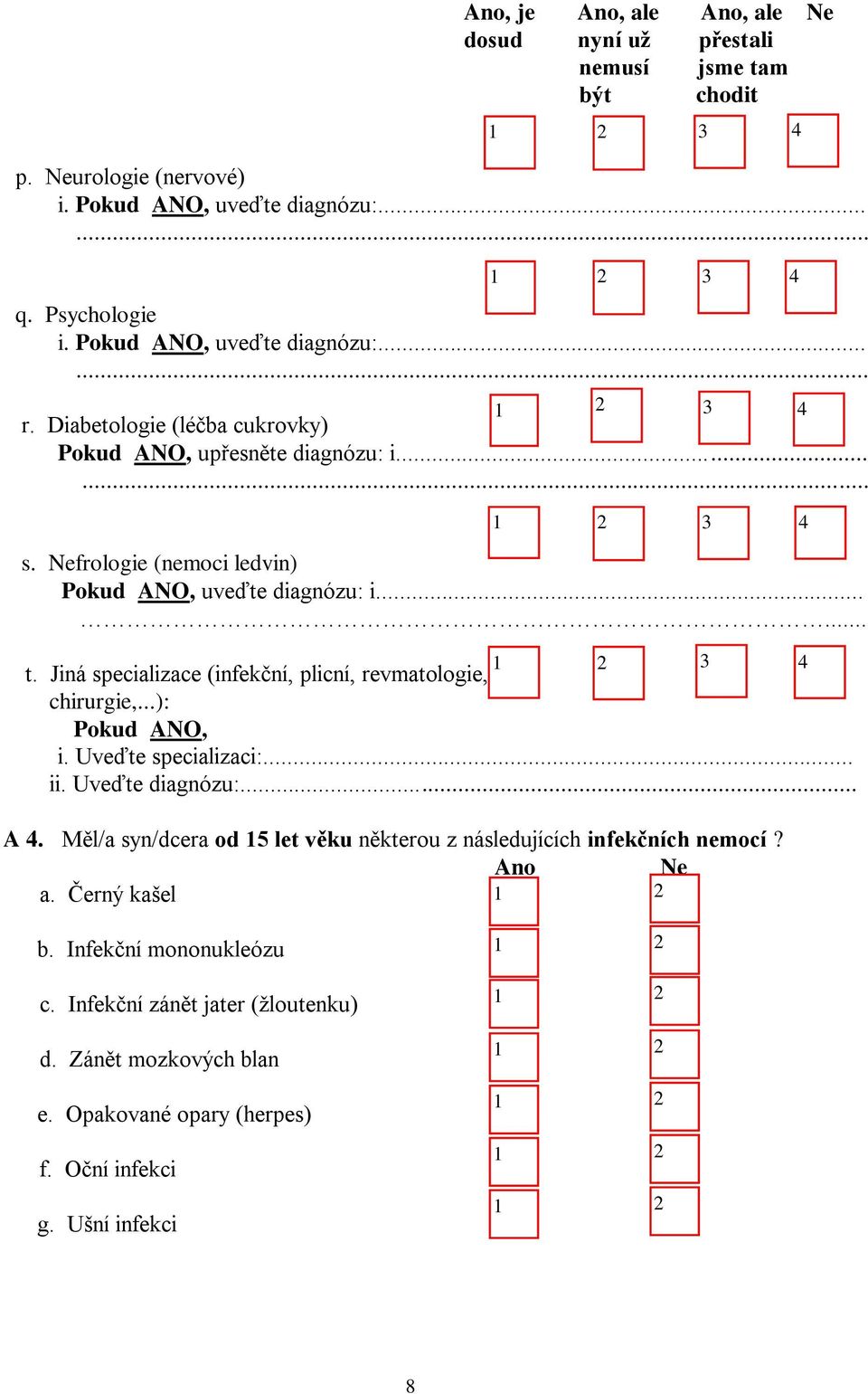 Jiná specializace (infekční, plicní, revmatologie, chirurgie,...): 3 4 i. Uveďte specializaci:... ii. Uveďte diagnózu:... A 4.