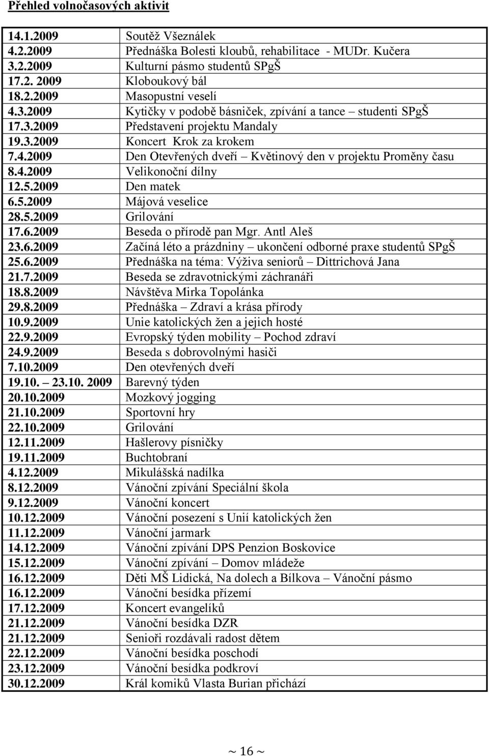 2009 Den Otevřených dveří Květinový den v projektu Proměny času 8.4.2009 Velikonoční dílny 12.5.2009 Den matek 6.5.2009 Májová veselice 28.5.2009 Grilování 17.6.2009 Beseda o přírodě pan Mgr.