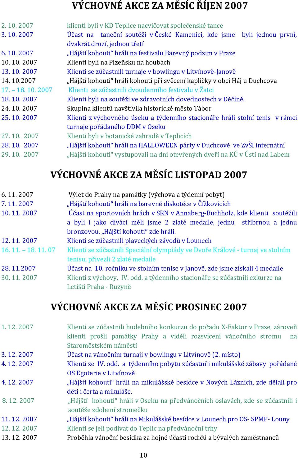 18. 10. 2007 Klienti se zúčastnili dvoudenního festivalu v Žatci 18. 10. 2007 Klienti byli na soutěži ve zdravotních dovednostech v Děčíně. 24. 10. 2007 Skupina klientů navštívila historické město Tábor 25.