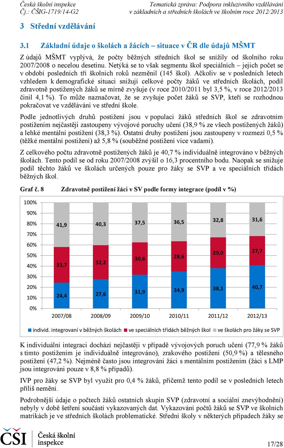 Ačkoliv se v posledních letech vzhledem k demografické situaci snižují celkové počty žáků ve středních školách, podíl zdravotně postižených žáků se mírně zvyšuje (v roce 2010/2011 byl 3,5 %, v roce