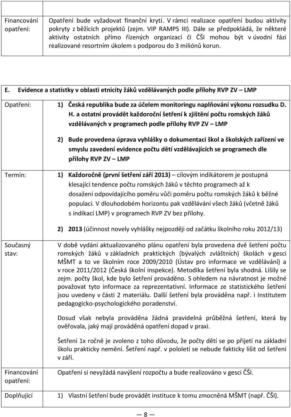 Evidence a statistky v oblasti etnicity žáků vzdělávaných podle přílohy RVP ZV LMP Opatření: 1) Česká republika bude za účelem monitoringu naplňování výkonu rozsudku D. H.