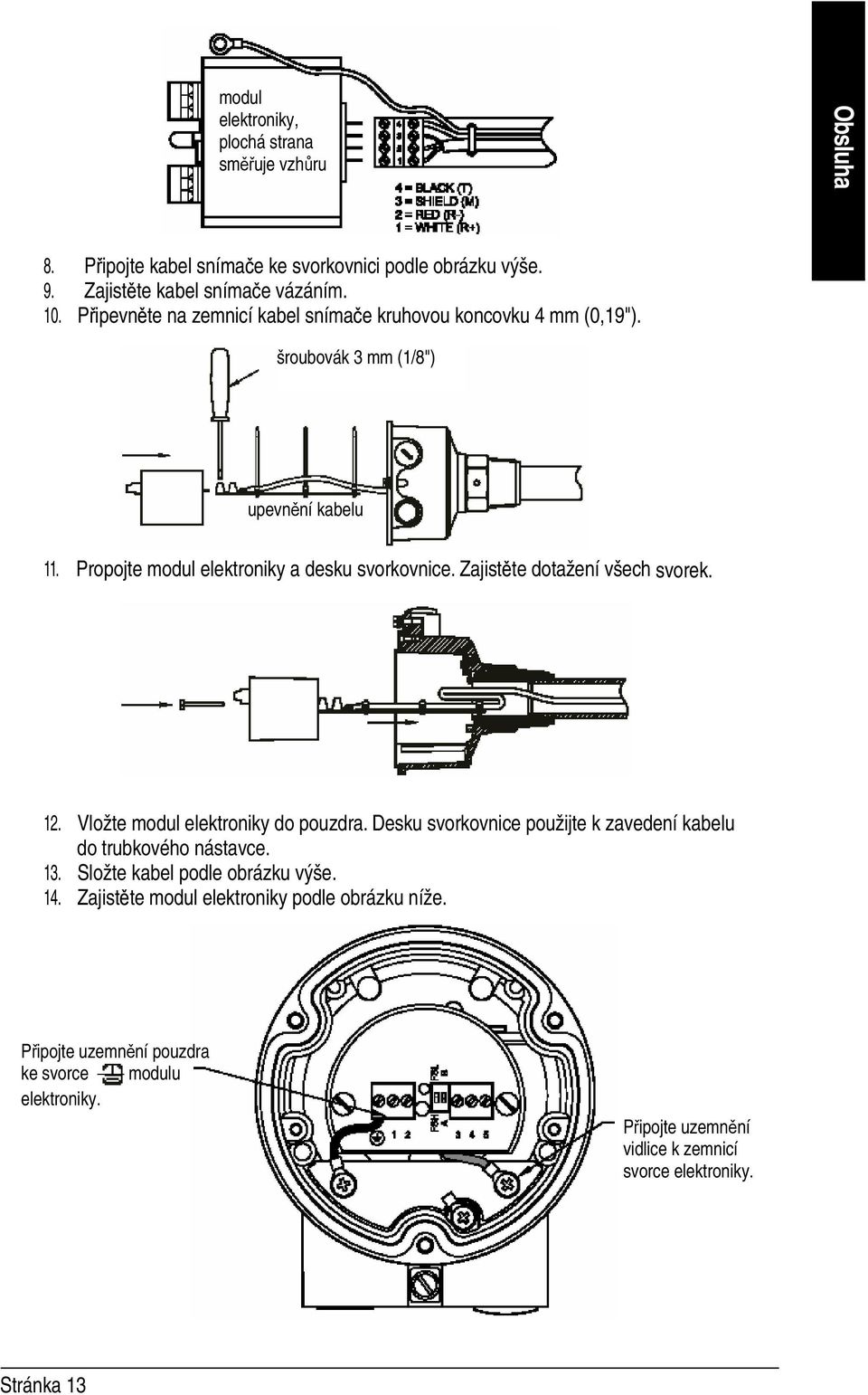 Zajistěte dotažení všech svorek. 12. Vložte modul elektroniky do pouzdra. Desku svorkovnice použijte k zavedení kabelu do trubkového nástavce. 13.