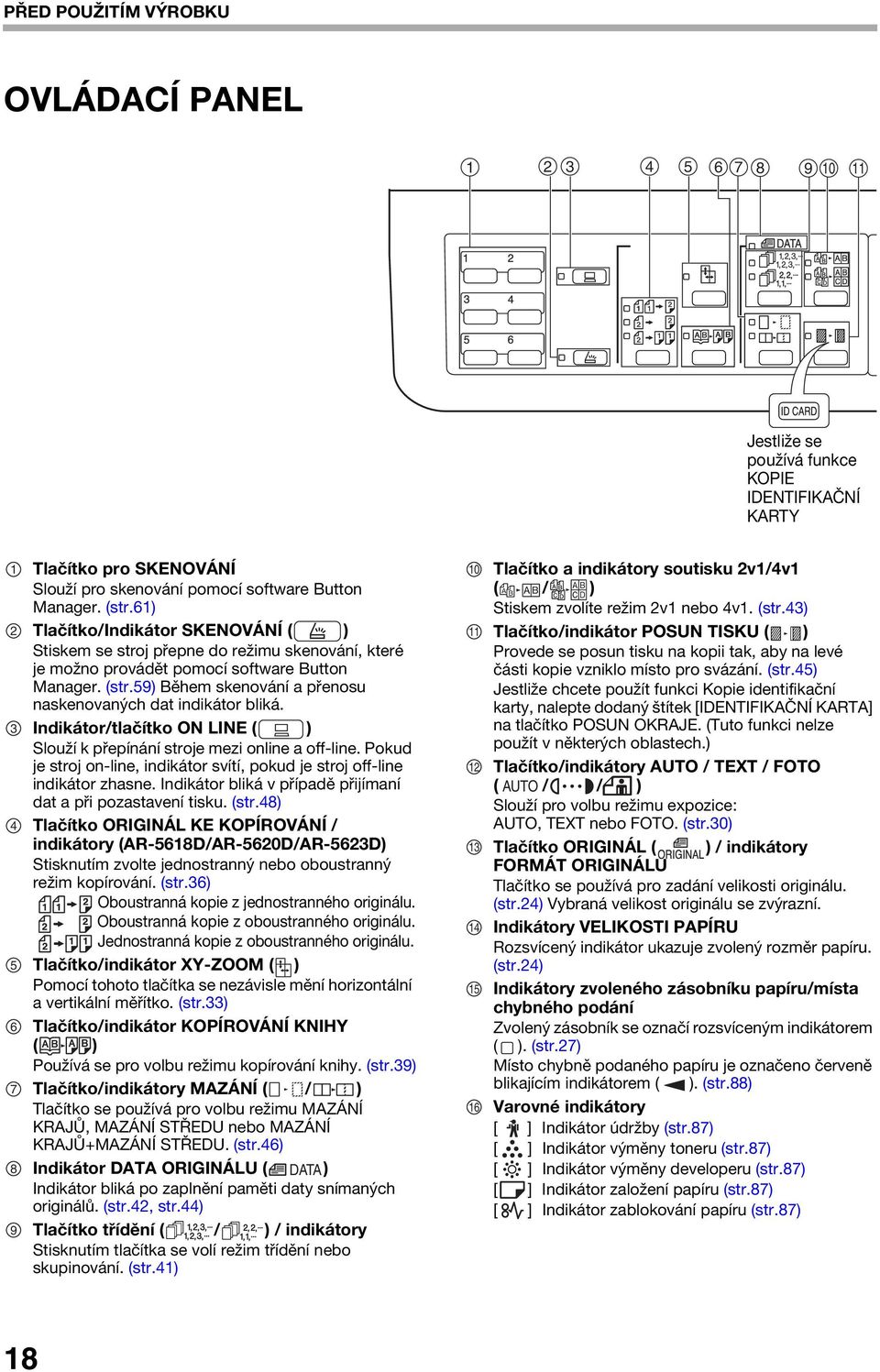 59) Během skenování a přenosu naskenovaných dat indikátor bliká. Indikátor/tlačítko ON LINE ( ) Slouží k přepínání stroje mezi online a off-line.