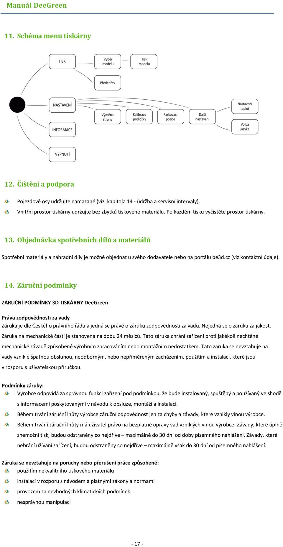 cz (viz kontaktní údaje). 14. Záruční podmínky ZÁRUČNÍ PODMÍNKY 3D TISKÁRNY DeeGreen Práva zodpovědnosti za vady Záruka je dle Českého právního řádu a jedná se právě o záruku zodpovědnosti za vadu.