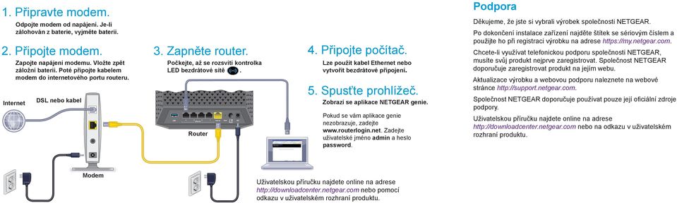 Lze použít kabel Ethernet nebo vytvořit bezdrátové připojení. 5. Spusťte prohlížeč. Zobrazí se aplikace NETGEAR genie. Pokud se vám aplikace genie nezobrazuje, zadejte www.routerlogin.net. Zadejte uživatelské jméno admin a heslo password.