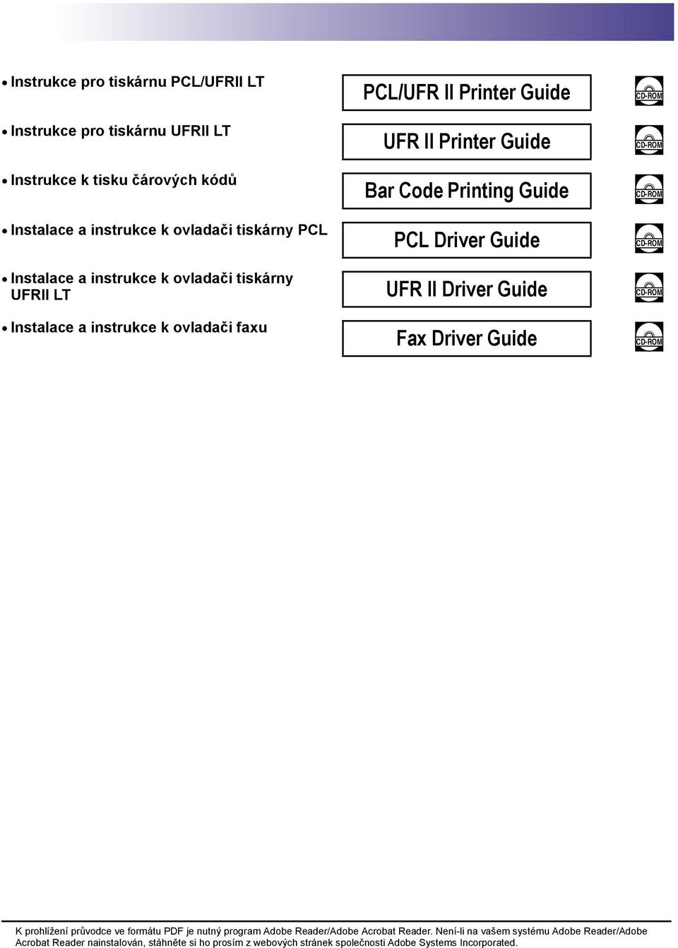 II Driver Guide CD-ROM Instalace a instrukce k ovladači faxu Fax Driver Guide CD-ROM K prohlížení průvodce ve formátu PDF je nutný program Adobe Reader/Adobe