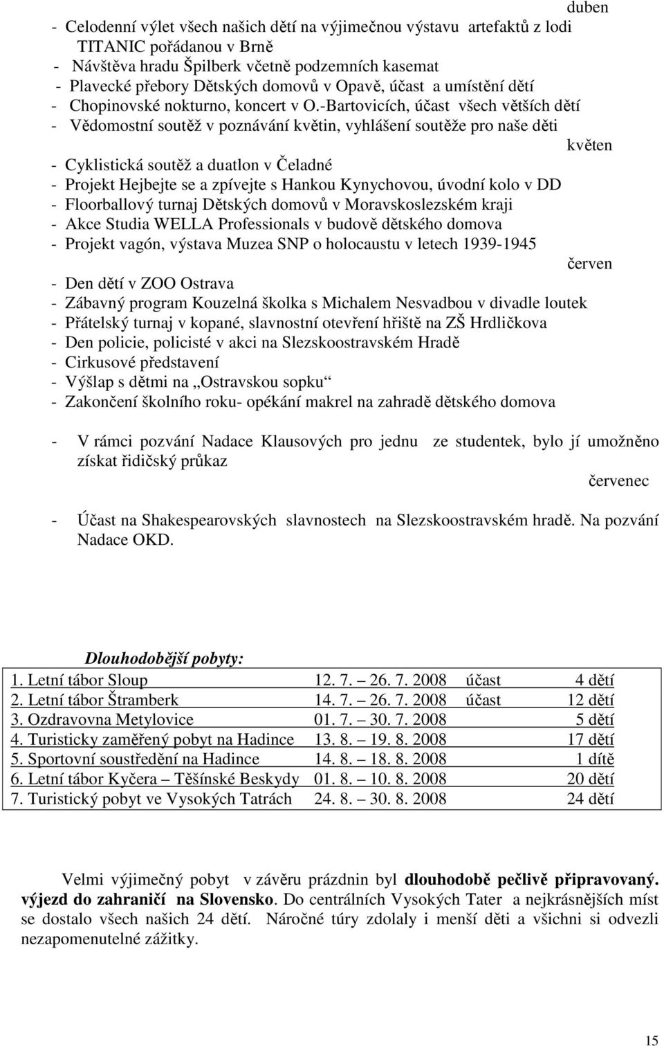 -Bartovicích, účast všech větších dětí - Vědomostní soutěž v poznávání květin, vyhlášení soutěže pro naše děti květen - Cyklistická soutěž a duatlon v Čeladné - Projekt Hejbejte se a zpívejte s