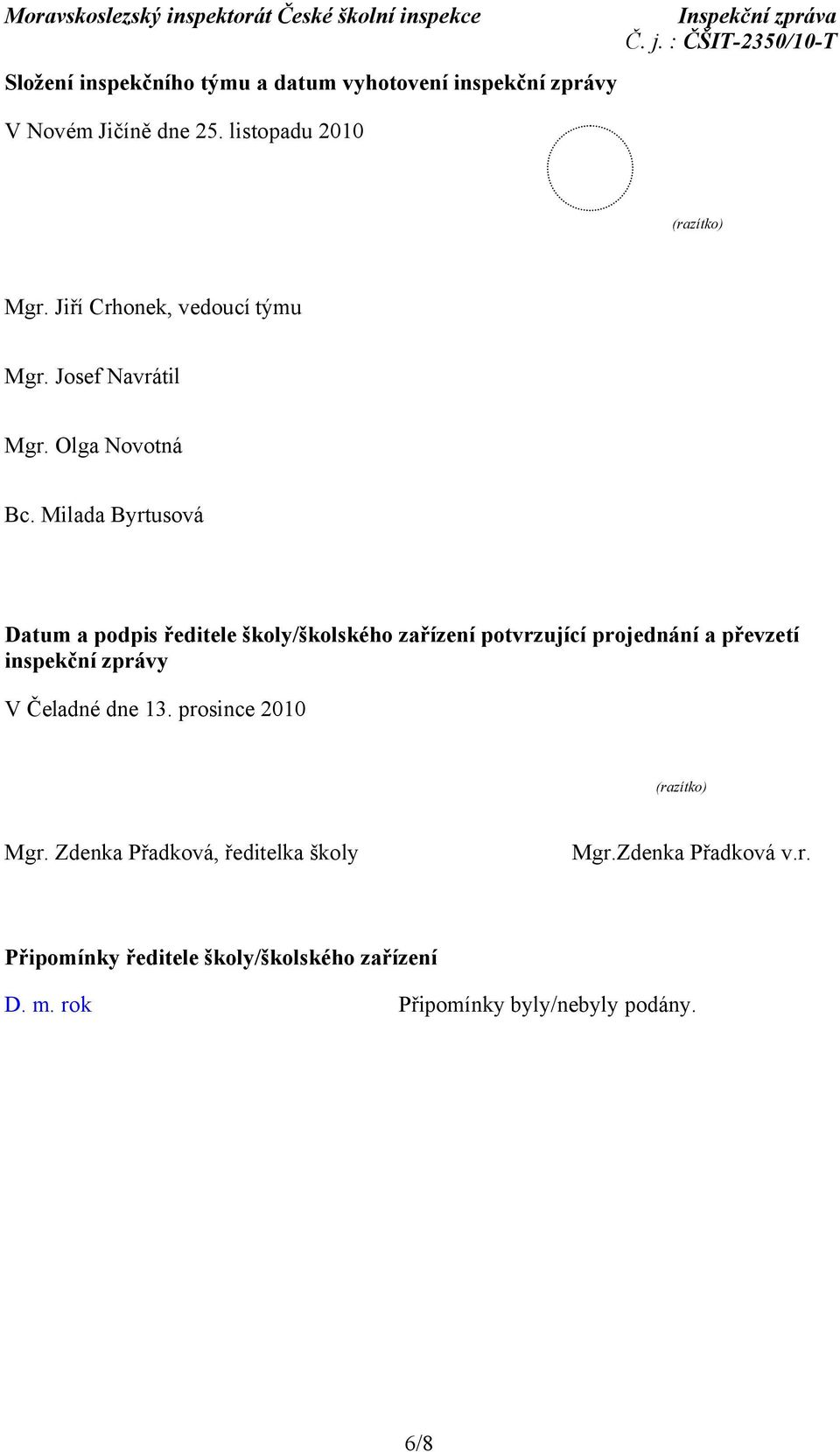 Milada Byrtusová Datum a podpis ředitele školy/školského zařízení potvrzující projednání a převzetí inspekční zprávy V