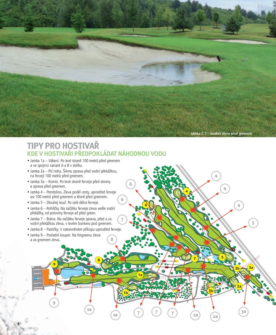 Zleva podél cesty, uprostřed ferveje asi 100 metrů před greenem a těsně před greenem. 6 Jamka 5 Dlouhej kouř. Po celé délce ferveje. Jamka 6 Rohlíčky.