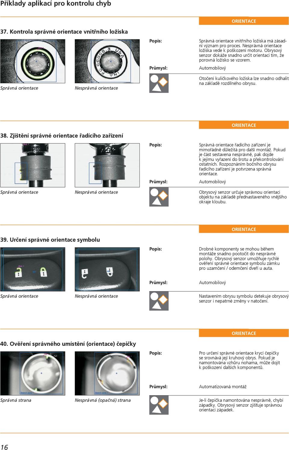 Správná orientace Nesprávná orientace Otočení kuličkového ložiska lze snadno odhalit na základě rozdílného obrysu. ORIENTACE 38.