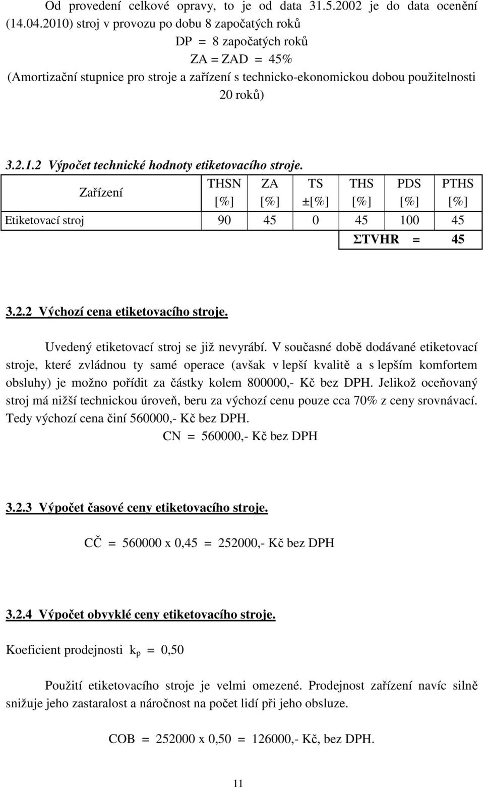 Zařízení THSN ZA TS ± THS PDS Etiketovací stroj 90 45 0 45 100 45 PTHS ΣTVHR = 45 3.2.2 Výchozí cena etiketovacího stroje. Uvedený etiketovací stroj se již nevyrábí.