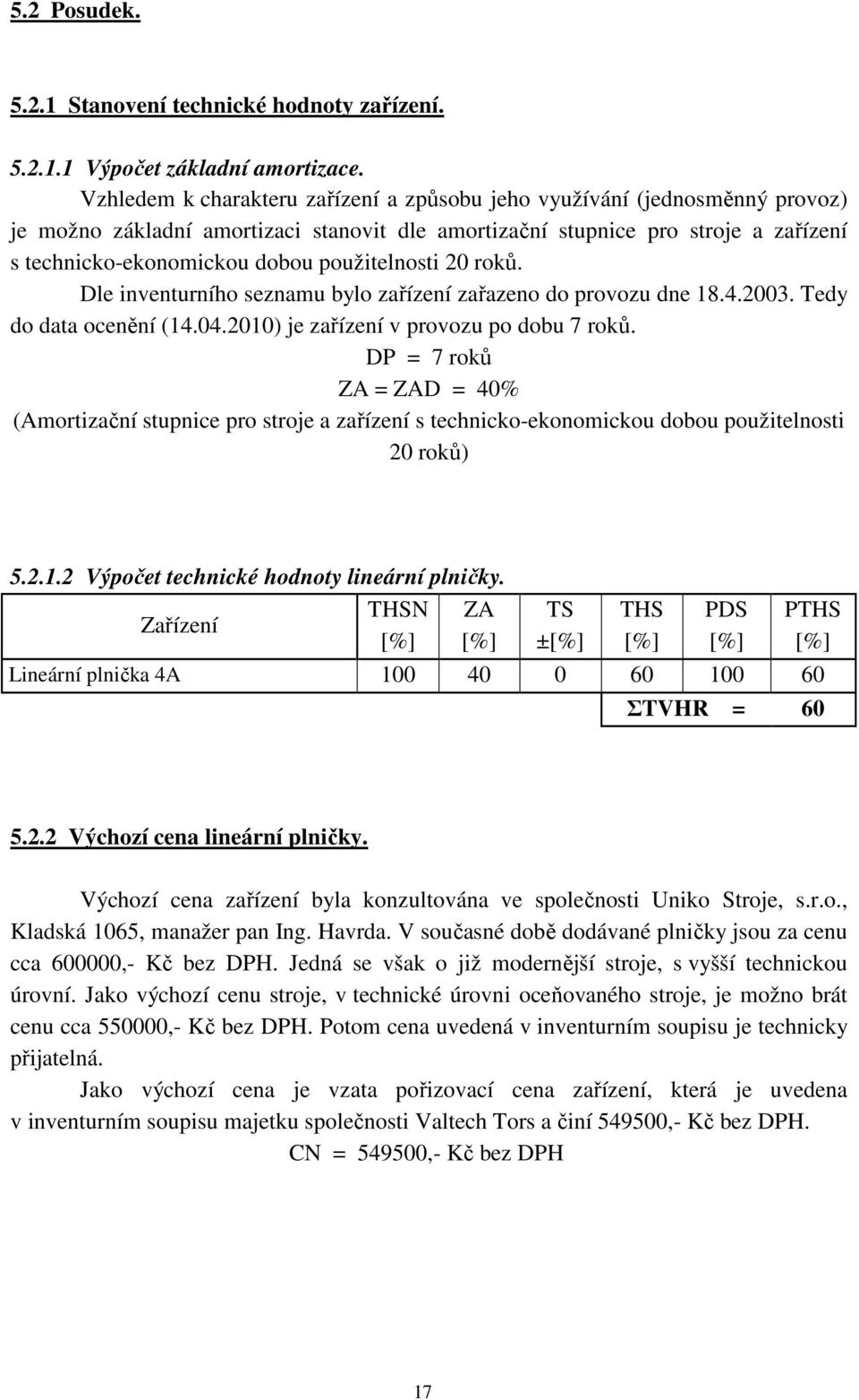 použitelnosti 20 roků. Dle inventurního seznamu bylo zařízení zařazeno do provozu dne 18.4.2003. Tedy do data ocenění (14.04.2010) je zařízení v provozu po dobu 7 roků.