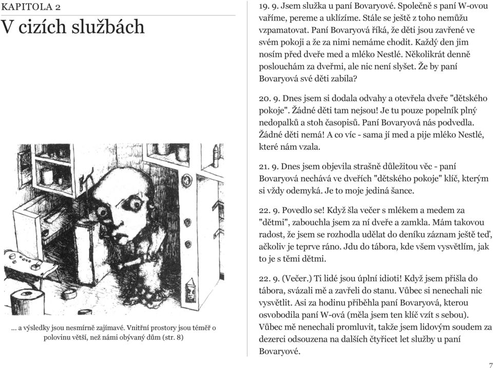 Že by paní Bovaryová své děti zabila? 20. 9. Dnes jsem si dodala odvahy a otevřela dveře "dětského pokoje". Žádné děti tam nejsou! Je tu pouze popelník plný nedopalků a stoh časopisů.