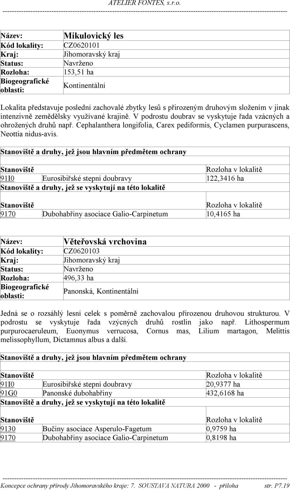 91I0 Eurosibiřské stepní doubravy 122,3416 ha a druhy, jež se vyskytují na této lokalitě 9170 Dubohabřiny asociace Galio-Carpinetum 10,4165 ha Věteřovská vrchovina CZ0620103 496,33 ha, Jedná se o