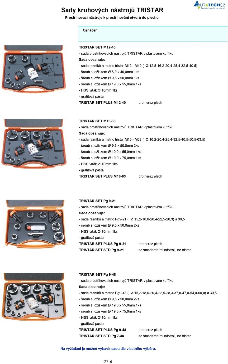 šroub s ložiskem Ø 9,5 x 50,0mm 1ks - šroub s ložiskem Ø 19,0 x 55,0mm 1ks - HSS vrták Ø 10mm 1ks - grafitová pasta TRISTAR SET PLUS M12-40 pro nerez plech TRISTAR SET M16-63 - sada prostřihovacích