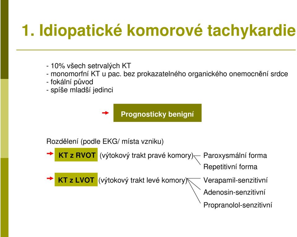 benigní Rozdělení (podle EKG/ místa vzniku) KT z RVOT (výtokový trakt pravé komory) KT z LVOT