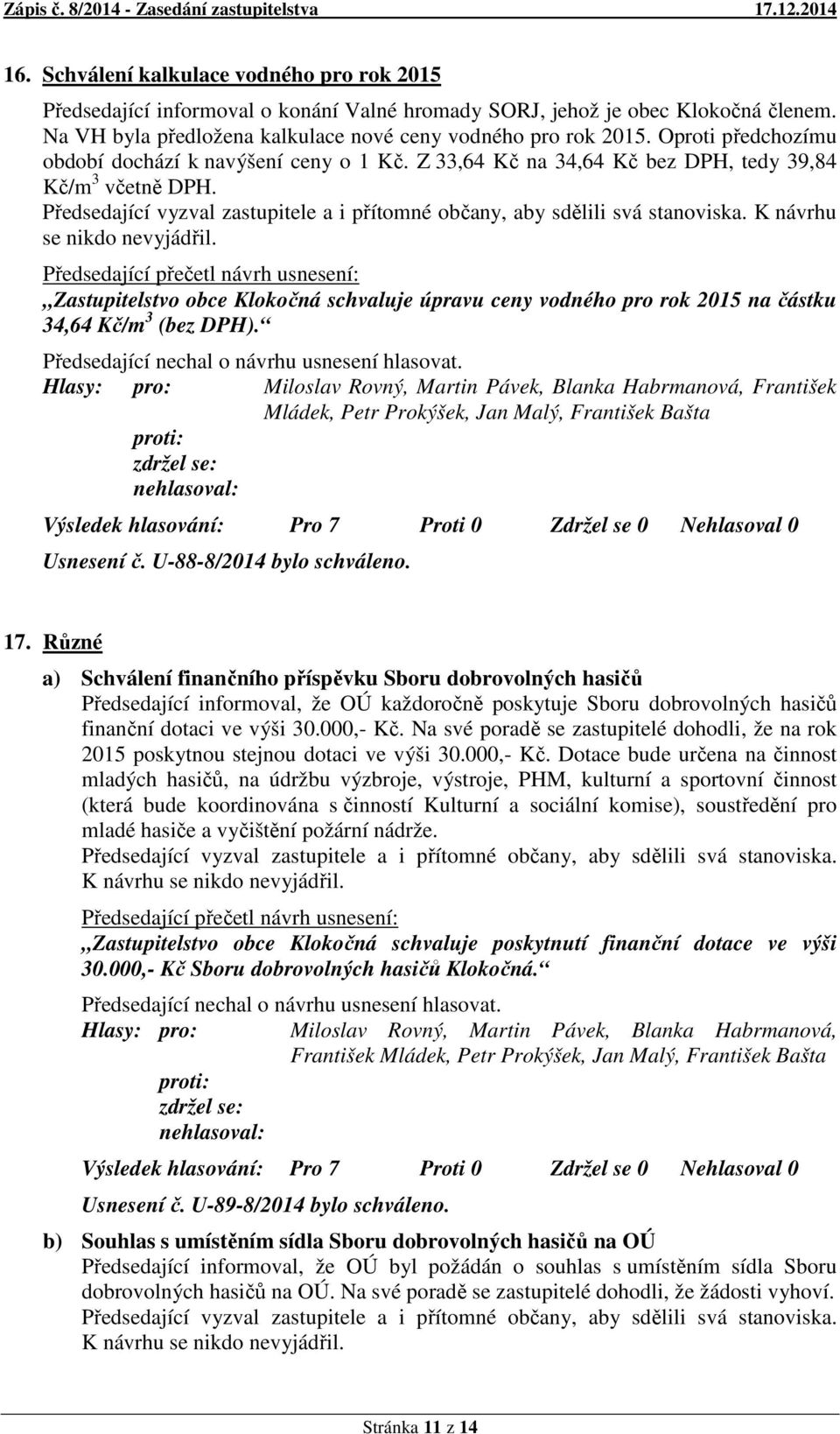 K návrhu se nikdo nevyjádřil. Zastupitelstvo obce Klokočná schvaluje úpravu ceny vodného pro rok 2015 na částku 34,64 Kč/m 3 (bez DPH). František Usnesení č. U-88-8/2014 bylo schváleno. 17.