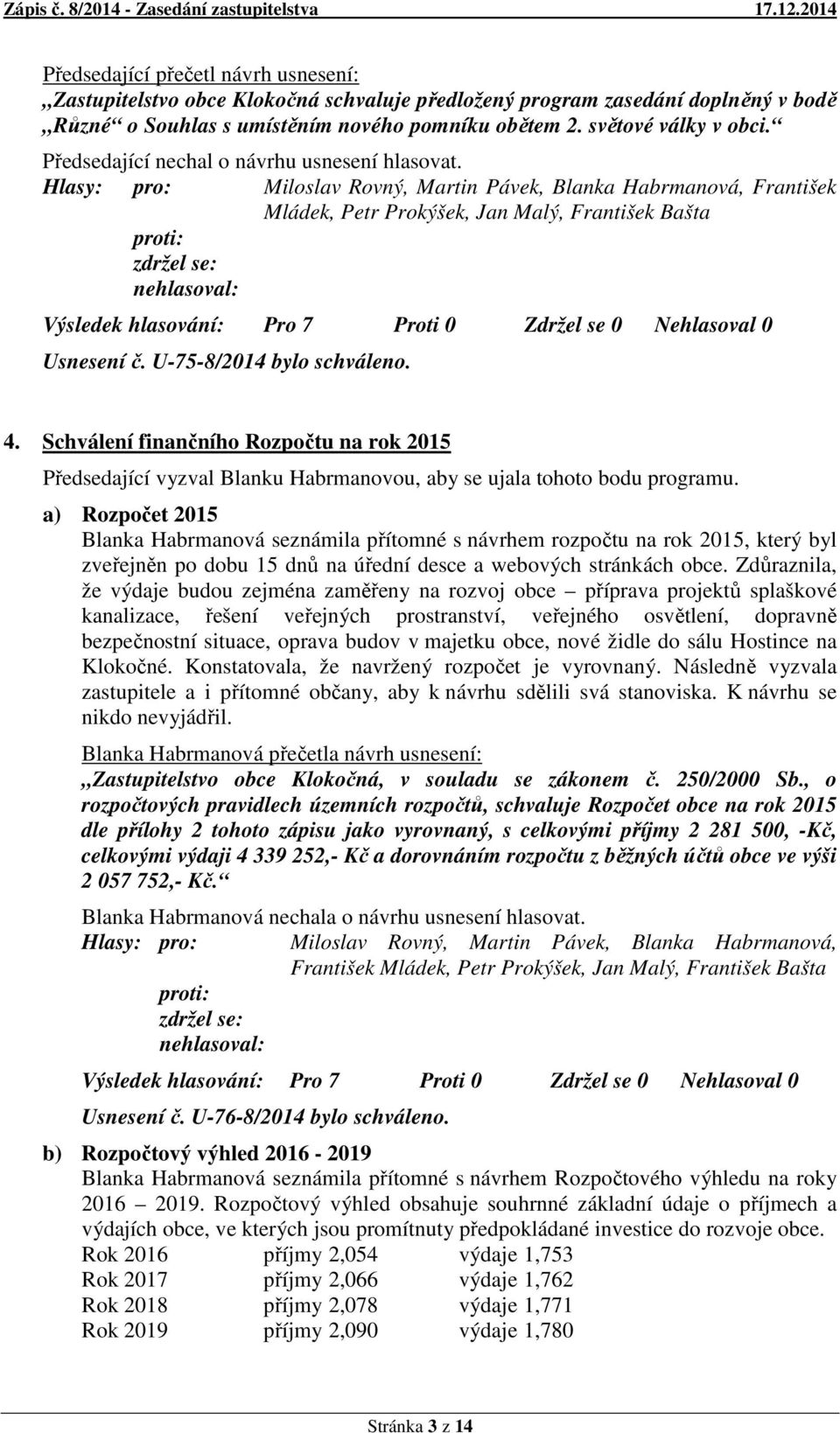 a) Rozpočet 2015 Blanka Habrmanová seznámila přítomné s návrhem rozpočtu na rok 2015, který byl zveřejněn po dobu 15 dnů na úřední desce a webových stránkách obce.