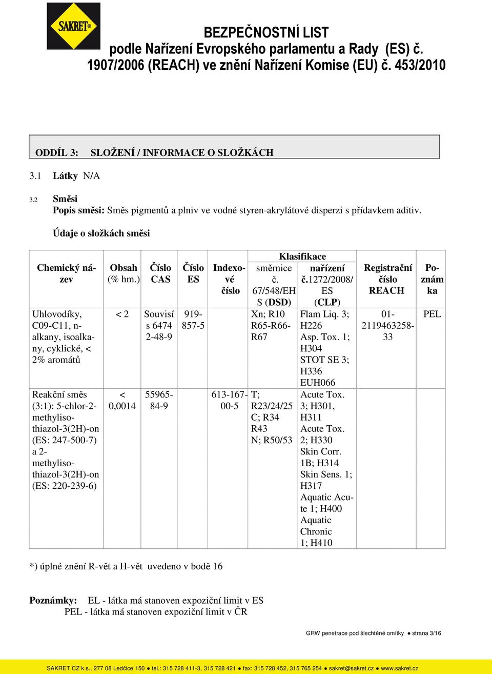 220-239-6) Obsah (% hm.) Číslo CAS < 2 Souvisí s 6474 2-48-9 < 0,0014 55965-84-9 Číslo ES 919-857-5 Chemický název Indexové číslo 613-167- 00-5 směrnice č.