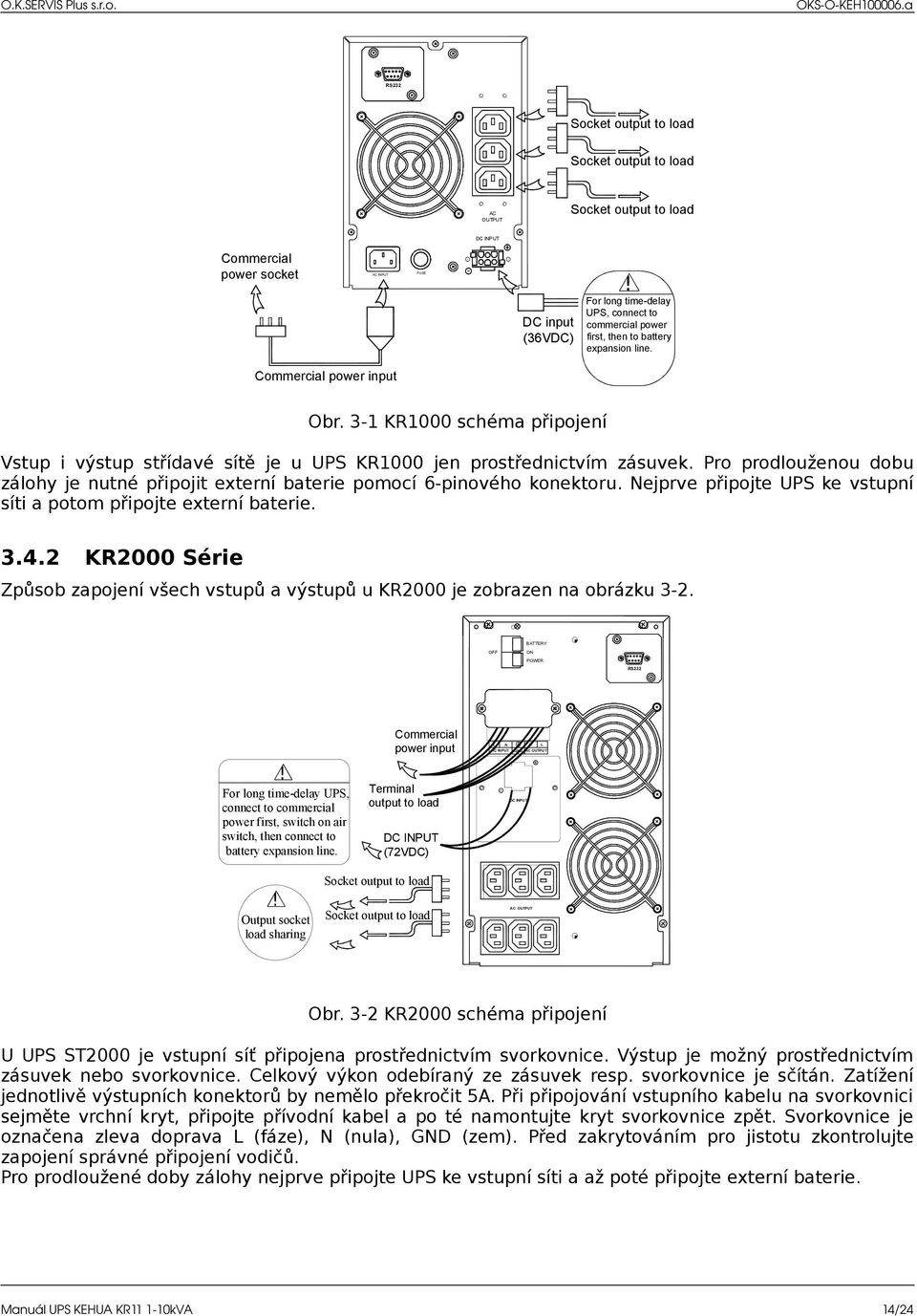 3-1 KR1000 schéma připojení Vstup i výstup střídavé sítě je u UPS KR1000 jen prostřednictvím zásuvek. Pro prodlouženou dobu zálohy je nutné připojit externí baterie pomocí 6-pinového konektoru.