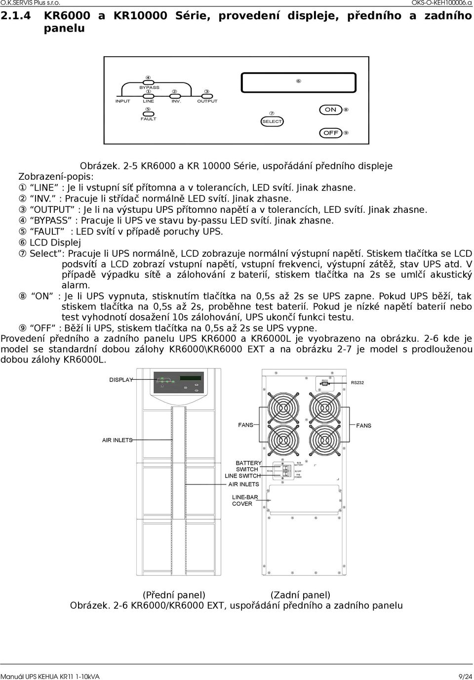 : Pracuje li střídač normálně ED svítí. Jinak zhasne. 3 OUTPUT : Je li na výstupu UPS přítomno napětí a v tolerancích, ED svítí. Jinak zhasne. 4 BYPASS : Pracuje li UPS ve stavu by-passu ED svítí.