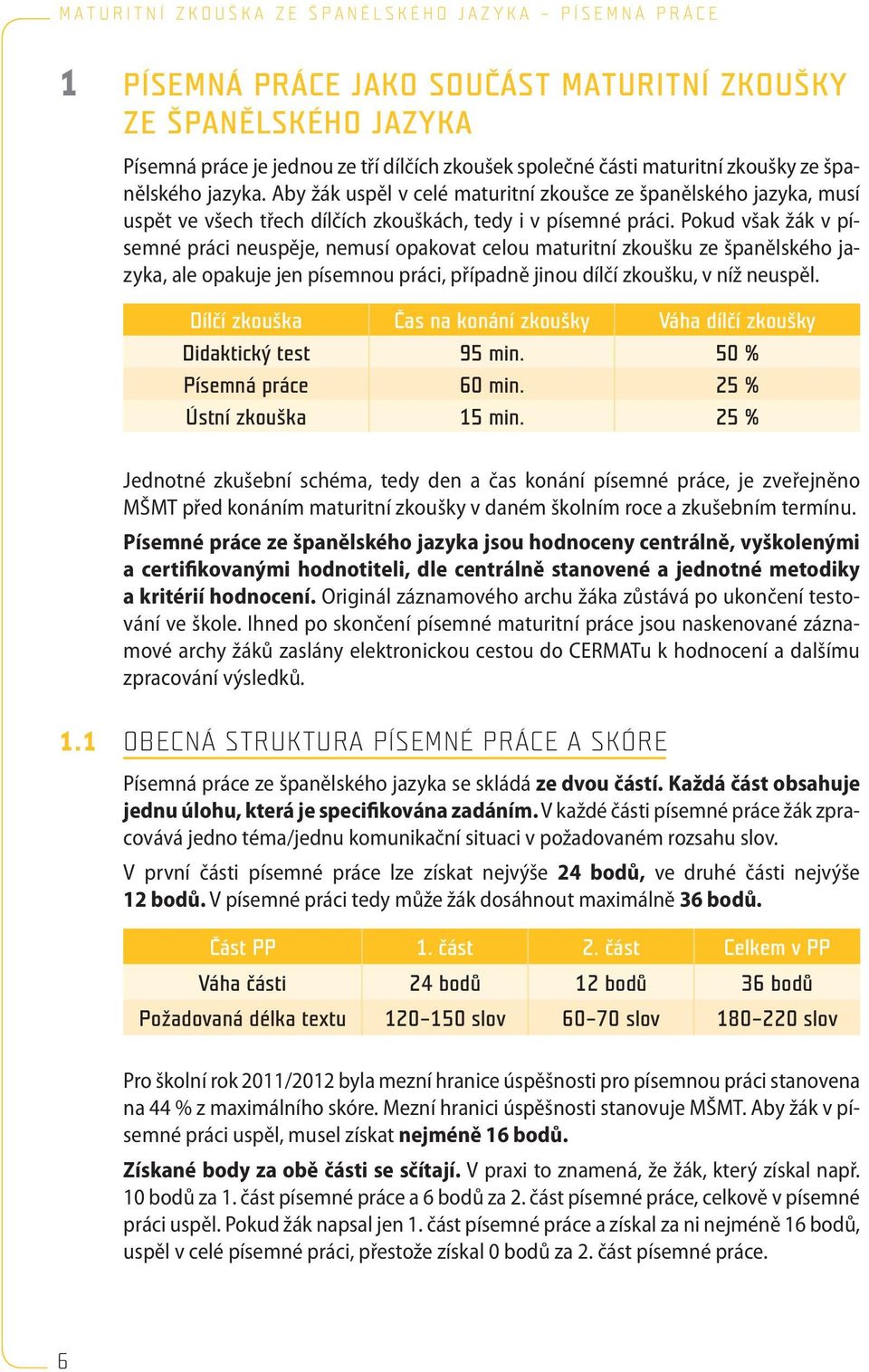 Pokud však žák v písemné práci neuspěje, nemusí opakovat celou maturitní zkoušku ze španělského jazyka, ale opakuje jen písemnou práci, případně jinou dílčí zkoušku, v níž neuspěl.