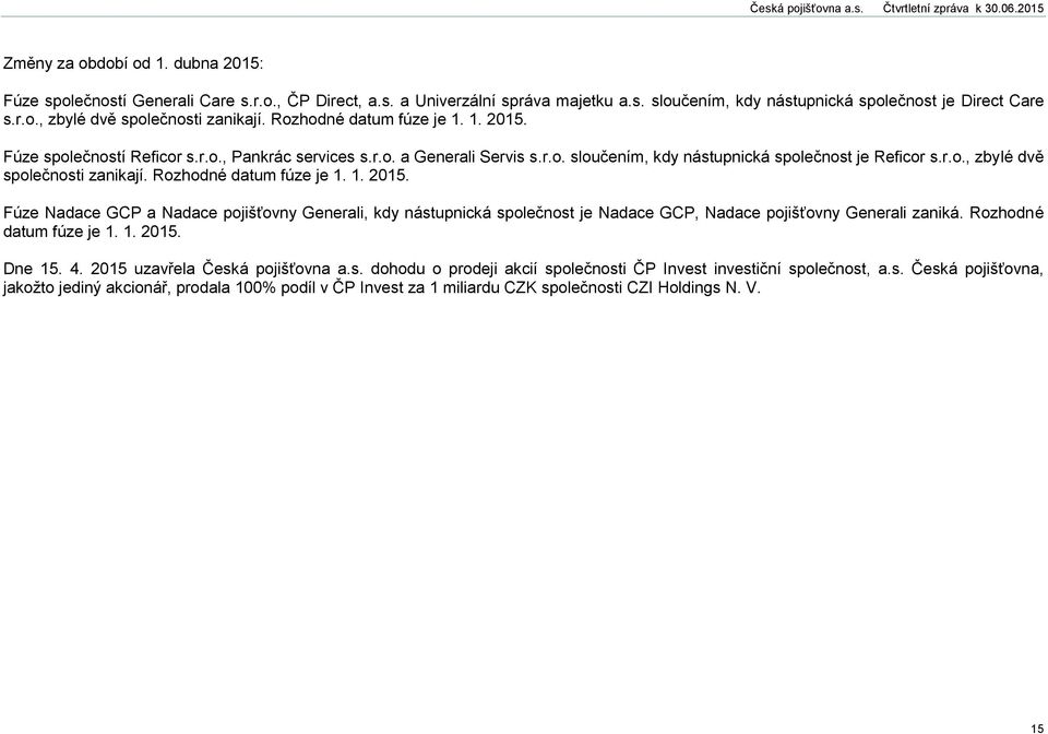 Rozhodné datum fúze je 1. 1. 2015. Fúze Nadace GCP a Nadace pojišťovny, kdy nástupnická společnost je Nadace GCP, Nadace pojišťovny zaniká. Rozhodné datum fúze je 1. 1. 2015. Dne 15. 4.