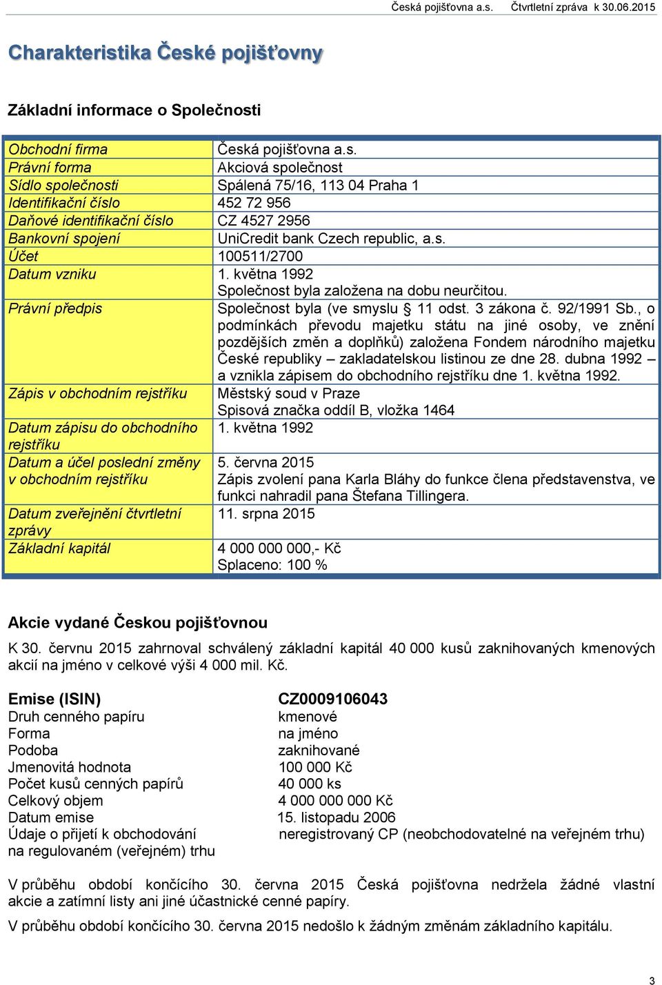 é pojišťovny Základní informace o Společnost