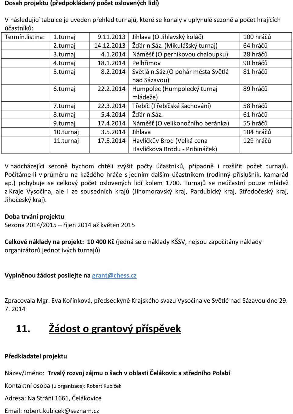 turnaj 22.2.2014 Humpolec (Humpolecký turnaj 89 hráčů mládeže) 7.turnaj 22.3.2014 Třebíč (Třebíčské šachování) 58 hráčů 8.turnaj 5.4.2014 Žďár n.sáz. 61 hráčů 9.turnaj 17.4.2014 Náměšť (O velikonočního beránka) 55 hráčů 10.