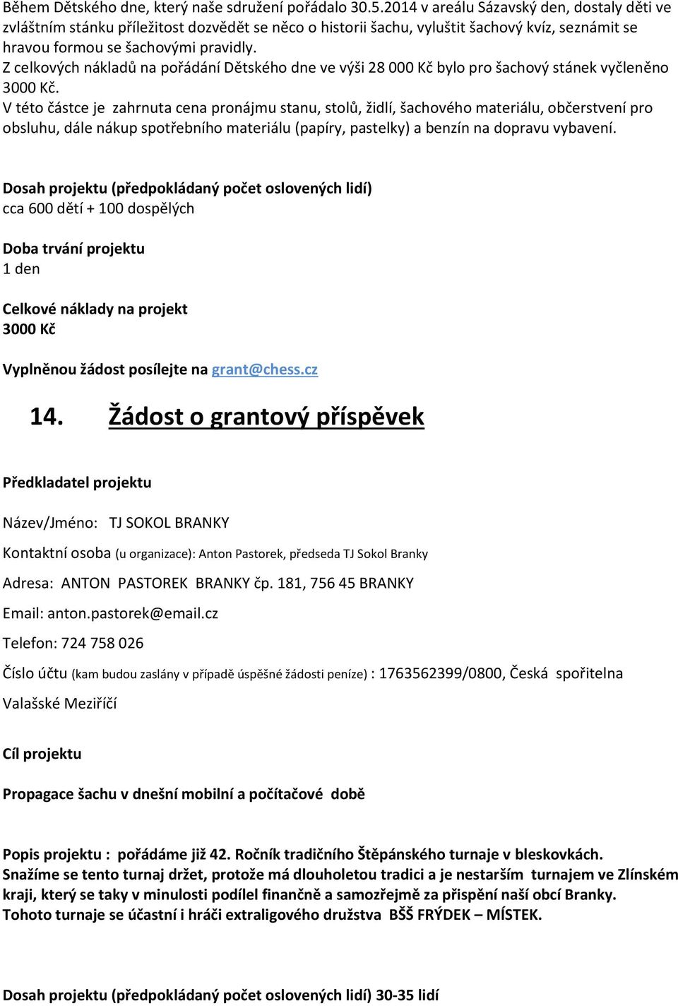 Z celkových nákladů na pořádání Dětského dne ve výši 28 000 Kč bylo pro šachový stánek vyčleněno 3000 Kč.